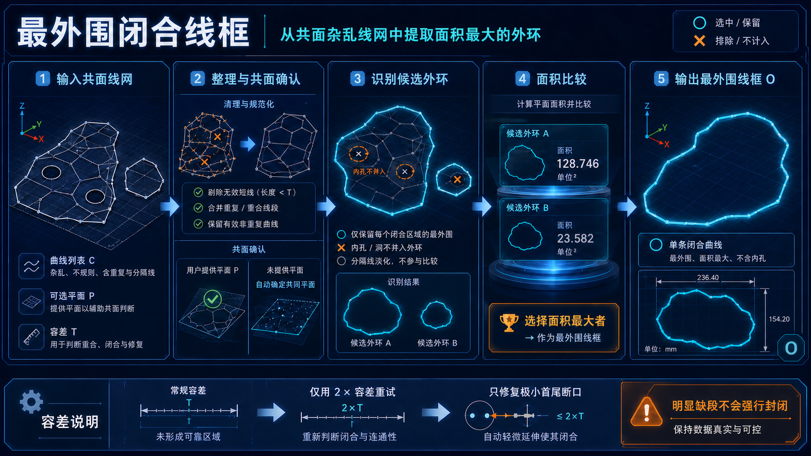 最外围闭合线框从共面线网整理、识别候选外环、比较面积并输出最大外环的逻辑流程图